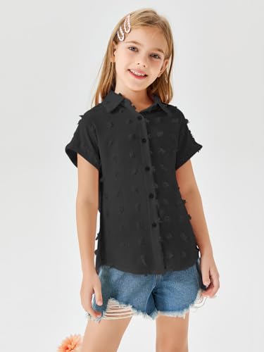 Image of Haloumoning Girls Button Down Shirts Short Sleeve Kids Casual Chiffon Blouse Summer Tops T-Shirt