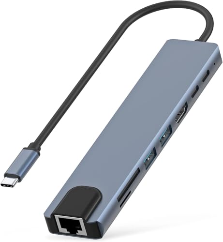 Image of USB-C Hub /Docking Station(8-in-1) with 4K 30Hz HDMI, 100 Mbps Ethernet, USB 3.0, microSD /SD Card Reader, Type-C Data, PD Charging, USB 2.0, Type-C Plug for Laptop, Mac, PC (8-in-1)