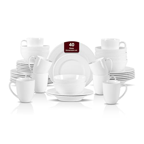 HomeVss, New Bone China Dinnerware Set, Embossed Pearl Design, 40pc Dinnerware Set