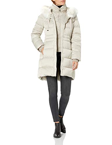 T Tahari Women's Fitted Puffer Jacket with Bib and Faux Fur Trimmed Hood, Pale Oak, Extra Small