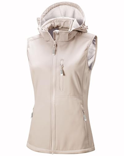 33,000ft Damen Softshell Westen mit Abnehmbare Kapuze Fleece Gefütterte Ärmellose Jacke Wasserdichte Winddichte Sportwesten Vest mit 5 Taschen für Reiten Laufen Wandern Hellkahki M