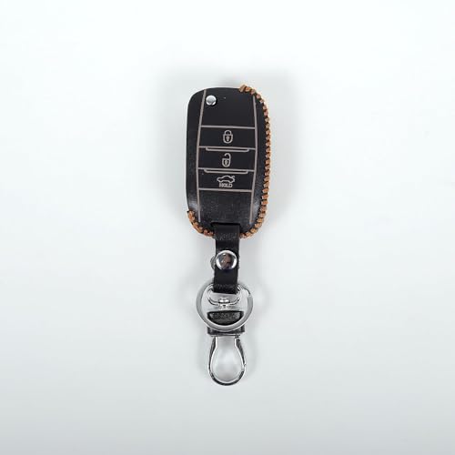 Image of Leather Smart Car Key Cover Case with Metal Hook Keychain for Kia Seltos, Sonet, Carens(Black)