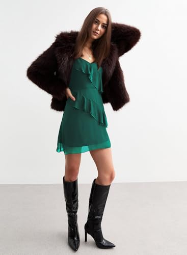 liher Womens Fall Dress Mesh V Neck Sheer Long Sleeve Ruffle Trim Cocktail Party Club Mini Dresses3