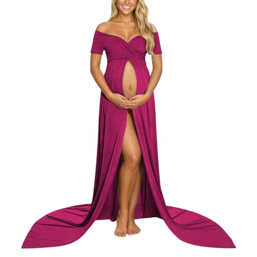 Vestido de fotografía de maternidad para mujer embarazada, vestido largo con apertura frontal con tren – Traje elegante para shooting, sesión de fotos de embarazo o celebración prenatal, Rosa Vif19, S