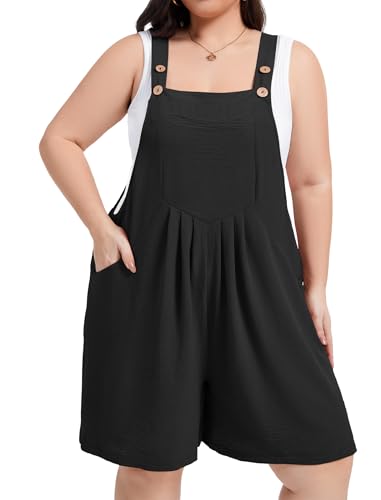 Moon Wood Plus Size Rompers for Women Short Overalls Jumpsuit with Adjustable Straps Sleeveless Romper With Pockets