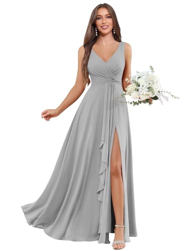 Image of BOLENSYE Bridesmaid Dresses Long Ruched Ruffles Chiffon A Line Evening Party Gown with Pockets Slit