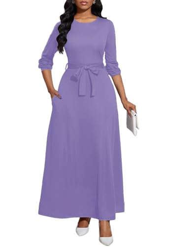 Image of BubFee Long Dress for Women Casual Long Sleeve Dresses Maxi Dress Empire Waist Loose with Belt