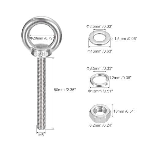 Image of uxcell Lifting Eye Bolt, 1 Set M8 x 60mm Eye Bolt with Nut Washer 304 Stainless Steel Shoulder Lifting Ring Eye Bolt for Hanging Item