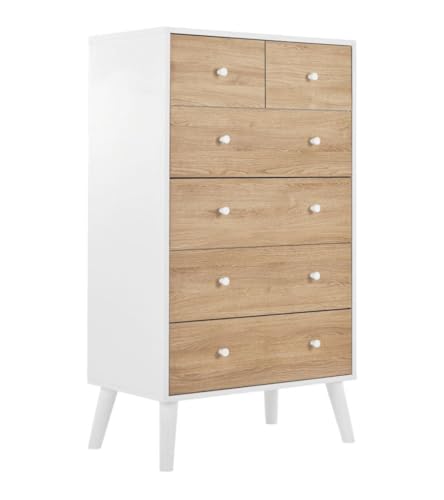 CAMBIA TUS MUEBLES CTM® Sinfonier Leah 128x80x45 cm – Cómoda Alta de 6 Cajones en Blanco y Roble con Patas Metálicas, Diseño Escandinavo para Dormitorio