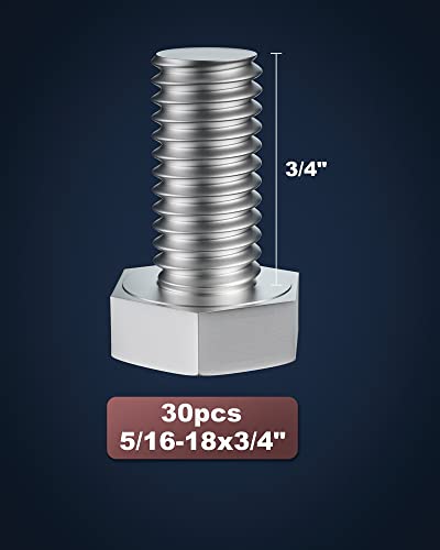 Image of 5 /16-18 x 3 /4 inch (1 /2 to 6 inch Optional) Hex Head Screw Bolt, Stainless Steel 18-8(304), Fully Threaded,30pcs