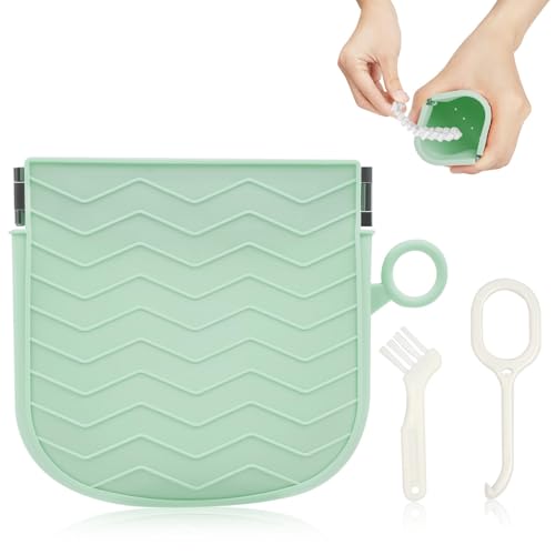 AOOWU Caja Ortodoncia, Caja de Retención Dental de Silicona con Agujeros de Ventilación, Ultrafino y Portátil Viajes Caja de Baño de Dientes Falsos para Hombres, Mujeres y Niños, Verde