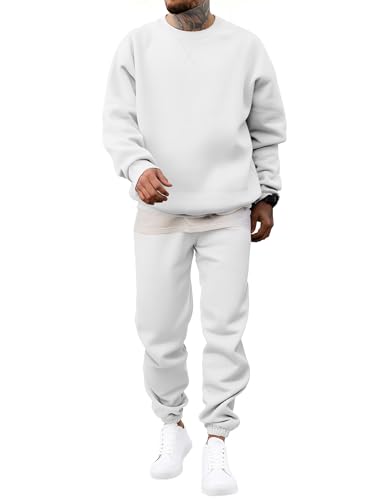 JMIERR Sweatsuits Mens 2 Piece Couple Outfit Lounge Two Piece Sets Fall Fashion 2026 Tracksuits Oversized Crew Neck Essentials Pants Sweatshirt and Sweatpants Casual Clothing, S, White