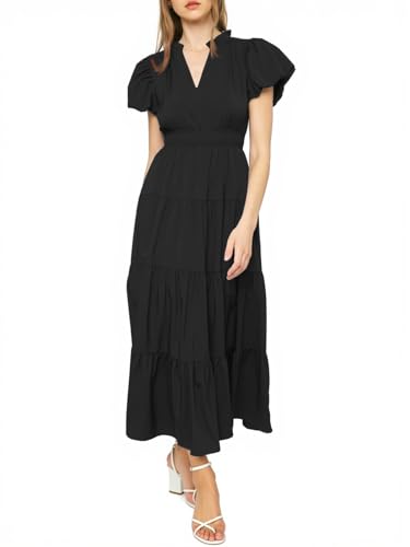 Wenrine Womens Summer Midi Dress Puff Short Sleeve V Neck Flowy Tiered Beach A-Line Dresses2