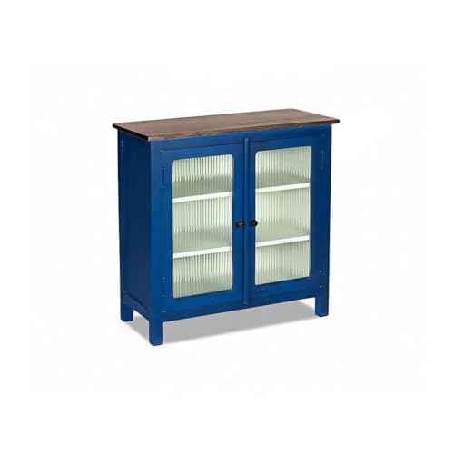 Image of APRODZ 2 Door Cabinet with Wicker Front 2 Shelves | Mango Wood Storage Organizer | Rustic Durable Stylish Wooden Furniture | Compact Design Home Decor (Blue & Off White)