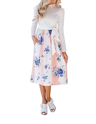 Women's Long Sleeve Floral Patchwork Crew Neck Casual Tie Dresses with Pockets, Pink, Size M