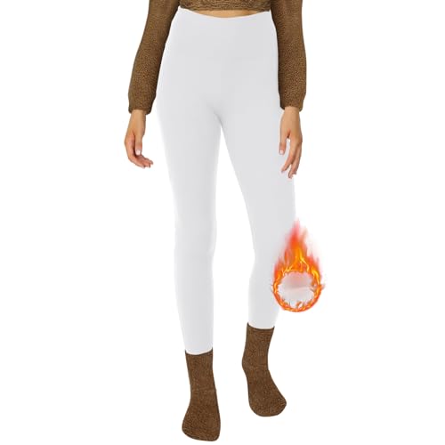 DDOBB Thermo Leggings Damen Gefüttert High Waist Thermoleggins Lang Mit Innenfleece Warm Teddy Sportleggins Strumpfhosen Thermohose Laufhose Winterkeid(B-Weiß, (DE34-40)=S-M)