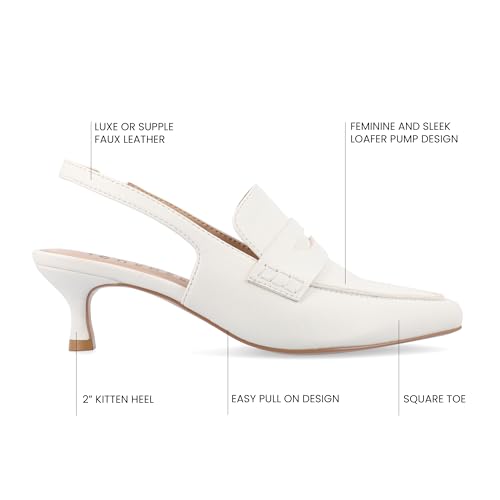 Journee Collection Womens Amory Penny Loafer Dress Pumps Cushioned Kitten Heel Sling Back Pull On Square Toe Shoes White 8.5 Wide WOMENS US2