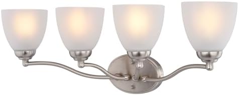 VAXCEL Bellwood 4-Light 28 in. Wide Satin Nickel Traditional Bathroom Vanity Lighting Fixture, White Frosted Glass Shade, Dimmable, LED Compatible, Over The Mirror Mounted Steel Wall Sconce