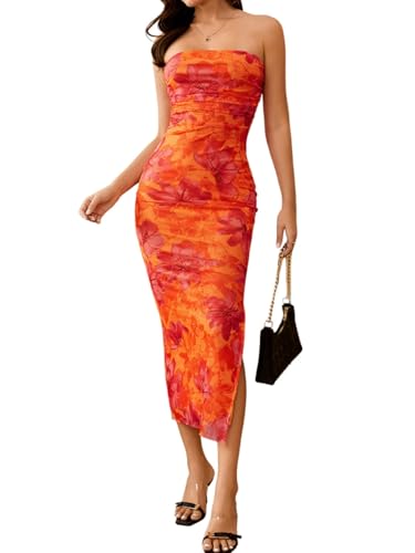 Image of Milumia Women's 2026 Summer Floral Strapeless Tube Top Dresses Side Slit Wedding Guest Bodycon Maxi Dress