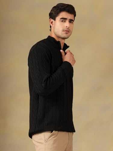 Image of Kvetoo Men's Wool High Neck Zipper Sweater, Full Sleeve Cable Knit Quarter Zip Winter Pullover