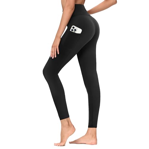 TNNZEET Leggings Damen High Waist mit Taschen Sporthose Blickdicht Sportleggins Lang Weiche Yogahose Elastische Hosen Sport Gym Laufhose(Schwarz,L-XL)