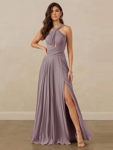 Chiffon Halter Bridesmaid Dresses for Women Ruched Formal Dress A Line Evening Party Gown with Slit2