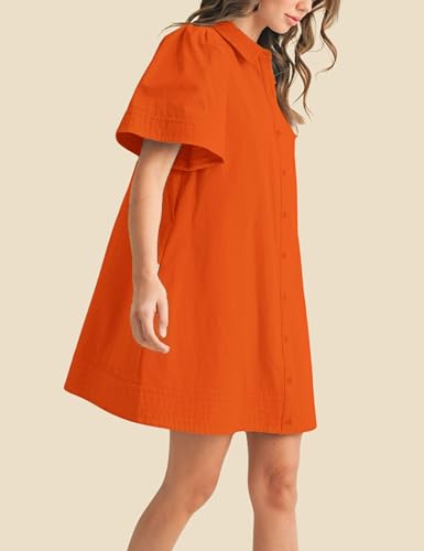 Image of Womens Short Sleeve Button Down Mini Shirt Dress Lapel Collar Short Dresses with Pocket