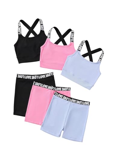 Girl's 6 Piece Workout Outfits Graphic Criss Cross Crop Tank Top and Biker Shorts Athletic Sets