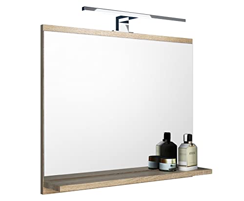 DOMTECH Espejo de baño con estantes y LED Iluminación Roble Cuarto de baño Espejo Espejo de Pared LED Lámpara de Pared