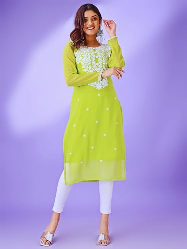 Image of HESVI Women's Georgette White Lakhnavi Chikankari Kurti with Intricate Embroidery Work