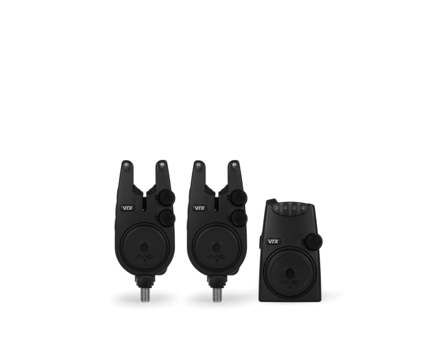 Avid VTX 2 Rod Bite Alarm Set | Two Carp Fishing Alarm Heads | Receiver | Clip on Hardcases | Receiver Lanyard and Screwdriver | Multi-light LED with 4 Colours | Signal Range 150m | Code A0500003