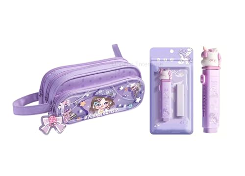 Image of Kawaii Cute Purple Cartoon Pencil Pouch with Unicoorn Eraser Set for Girls | Multi-Compartment Stationery Organizer for School & College | Sweet Cool Girls Trendy Combo Gift Set