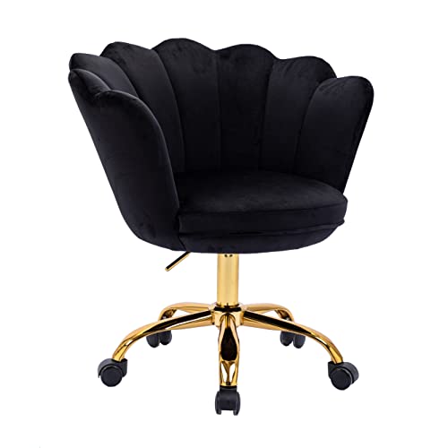 ZOBIDO Comfy Home Office Task Chair with Wheels, Cute Modern Upholstered Velvet Seashell Back Adjustable Swivel Vanity Desk Chair, for Women, for Kids, for Girls, Living Room, Bedroom (Black)