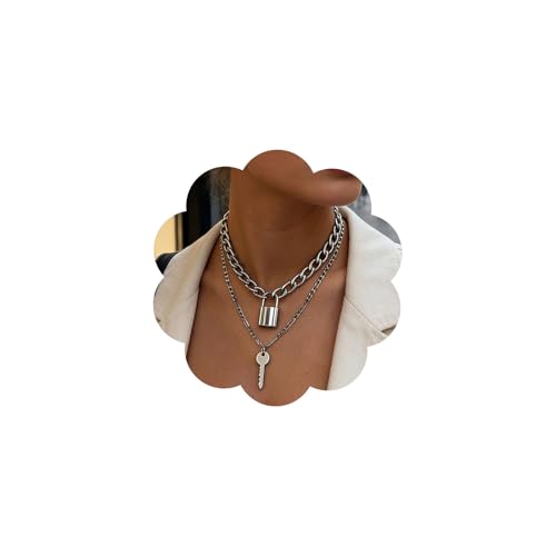 Atentuyi Collier Punk Cubain Ras Du Cou Argenté - Colliers À Cadenas Pendentifs Et À Clés - Chaîne Plate À Maillons Épais Multicouche - Bijoux Pour Femmes Et...