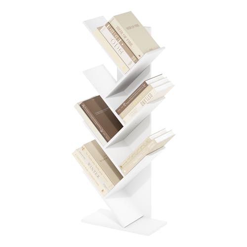 Image of Furinno Tree Book Shelf, 7-Tier Bookshelf with Angled Open Shelf, Tree Bookcase for Room Decor, 8.4 x 15.7 x 39.4, for Organization and Storage, for Living Room, Bedroom, Home Office, White