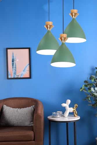 Image of Triple Dome Green Aluminium Hanging Pendant Light - Modern Antique Ceiling Lamp, Adjustable Drop, E-27 Holder, Bulb is not Included. 3 Light Cluster Set