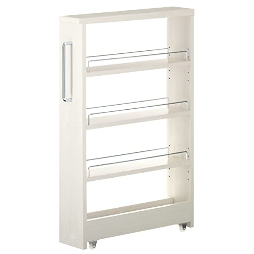 ぼん家具 すき間収納 日本製 キャスター付き 幅14cm ワゴン ストッカー スリムラック 調味料ラック ロータイプ ホワイトウッド