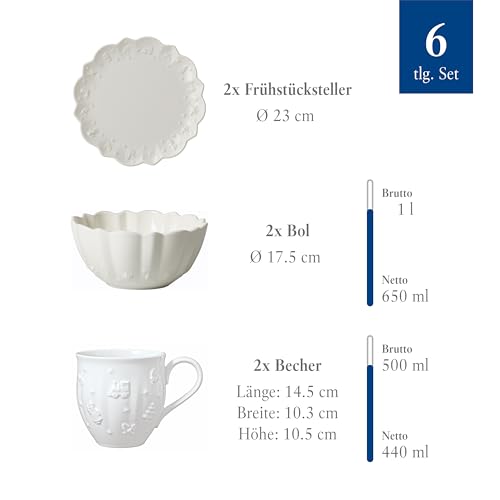 Villeroy & Boch – Toy's Delight Royal Classic Frühstücks-Set 6 teilig Weiß, Spülmaschinenfest, Mikrowellensicher, Frühstücksset Toys Für 2 Personen, Weihnachtsgeschirr Toys, Premium Porcelain