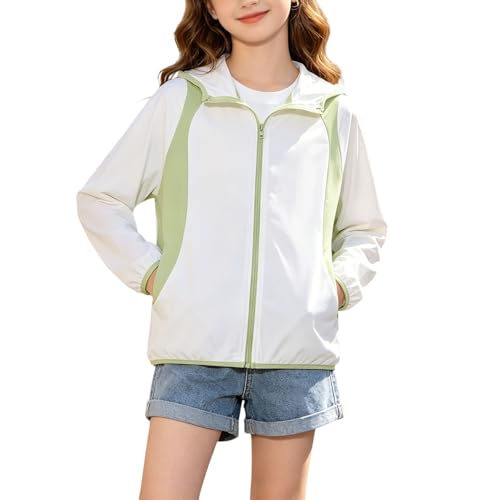 TYUSGH Chaqueta de verano para niñas, ligera, con cremallera, para adolescentes, de secado rápido, para senderismo, playa, playa, con bolsillos, blanco, 3-4 años