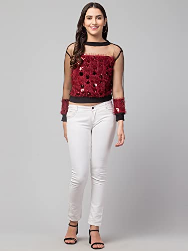 Image of NEOAMBER Women Stylish Sleeveless Sequin Net Western Cami Party Crop Top