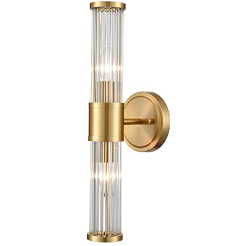 Image of Mid-Century Wall Sconces Brass Glass Rod Wall Light 2-Light Vanity Wall Lights Fixtures for Bedroom Hallway Living Room