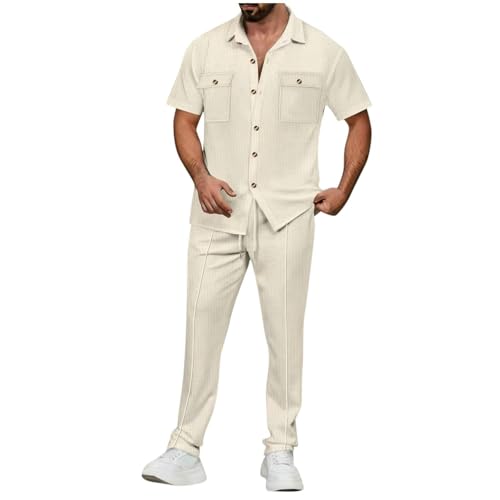 Sinzelimin Mens Casual 2 Piece Set Fashion Short Sleeves Lapel Button Henley Shirts Tops and Lace up Elastic Waist Pants Suit