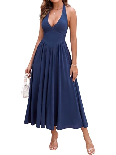 Image of Parthea Women's Gingham Halter V Neck Midi Dress Corset Smocked Sundress Flowy A Line Wedding Guest Dresses