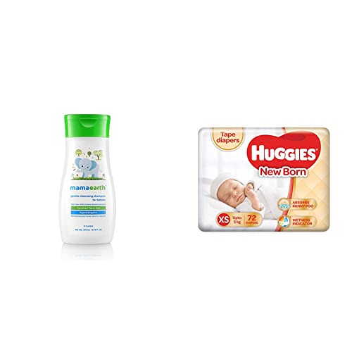 Image of Mamaearth Gentle Cleansing Shampoo for Babies (200 ml) and Huggies Taped Diapers, New Born (XS) Size, 72 Counts