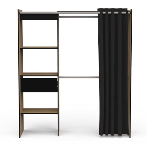 Dressing Penderie Extensible CHICAGO avec Rideau - Style Industriel - 4 Niches et 1 Tiroir - Portant a Vêtement - Fabriqué en France - Modulable et Fonctionnel