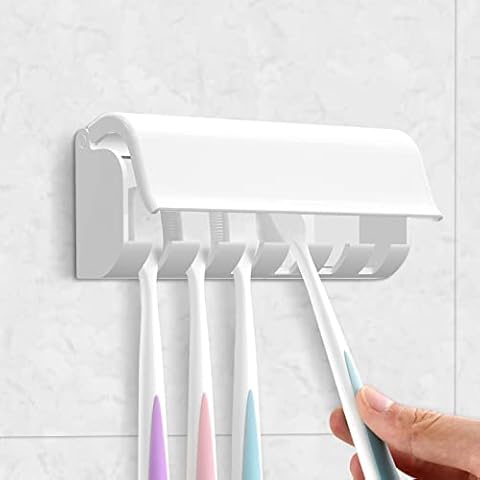 Linkidea 6 Slots Toothbrush Holders Wall Mounted, RV Mirror Toothbrush Organizer Hanger with Cover, Self Adhesive Toothbrush Storage Stand Rack Cover