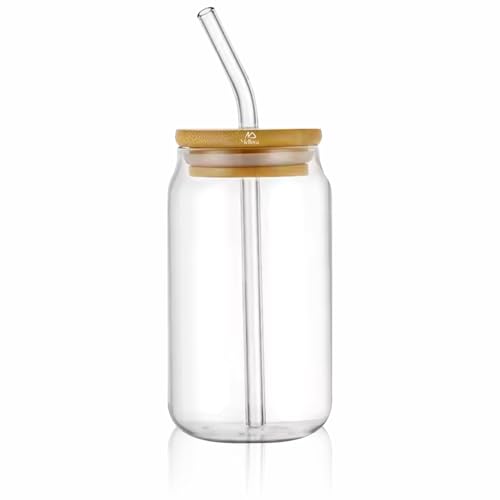 Image of MELLORA Can Shape Tumbler Glass with Straw & Wooden Lid | Leak-Proof, Portable | Ideal for Hot /Cold Coffee, Juice, Drinks | Travel-Friendly, Stylish Mug Sipper | Transparent - 540ml