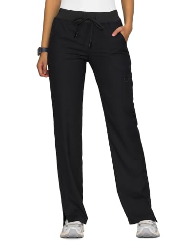 floralhue Womens Scrub Pants - Breathable & Soft Straight-Leg Pull-on Cargo Pant Drawstring Bottoms with 3 Pockets Black M