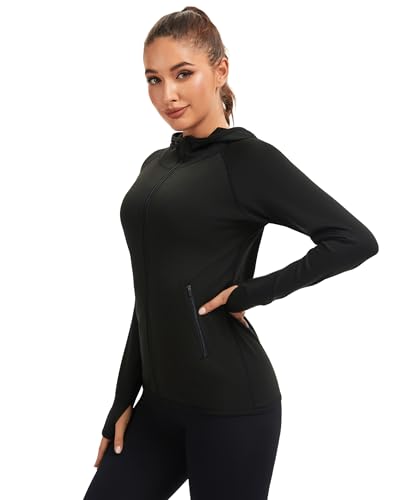 AMZSPORT Sportjacke Damen Laufjacke Gebürstetes Innenfutter Trainingsjacke mit Kapuze für Yoga Gym Fitness, Thermoschwarz M