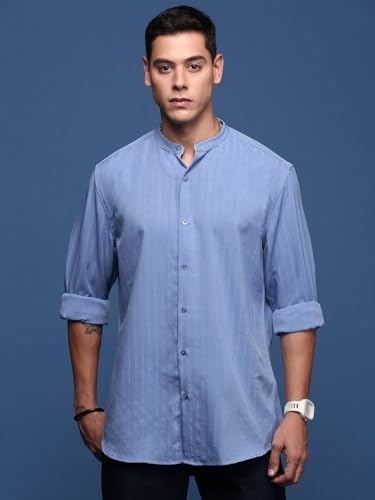 Image of SHOWOFFFF Men Solid Casual Shirt | Mandarin Collar Full Sleeves Cotton Shirt for Mens | Slim Fit Regular Length Shirt for Men's